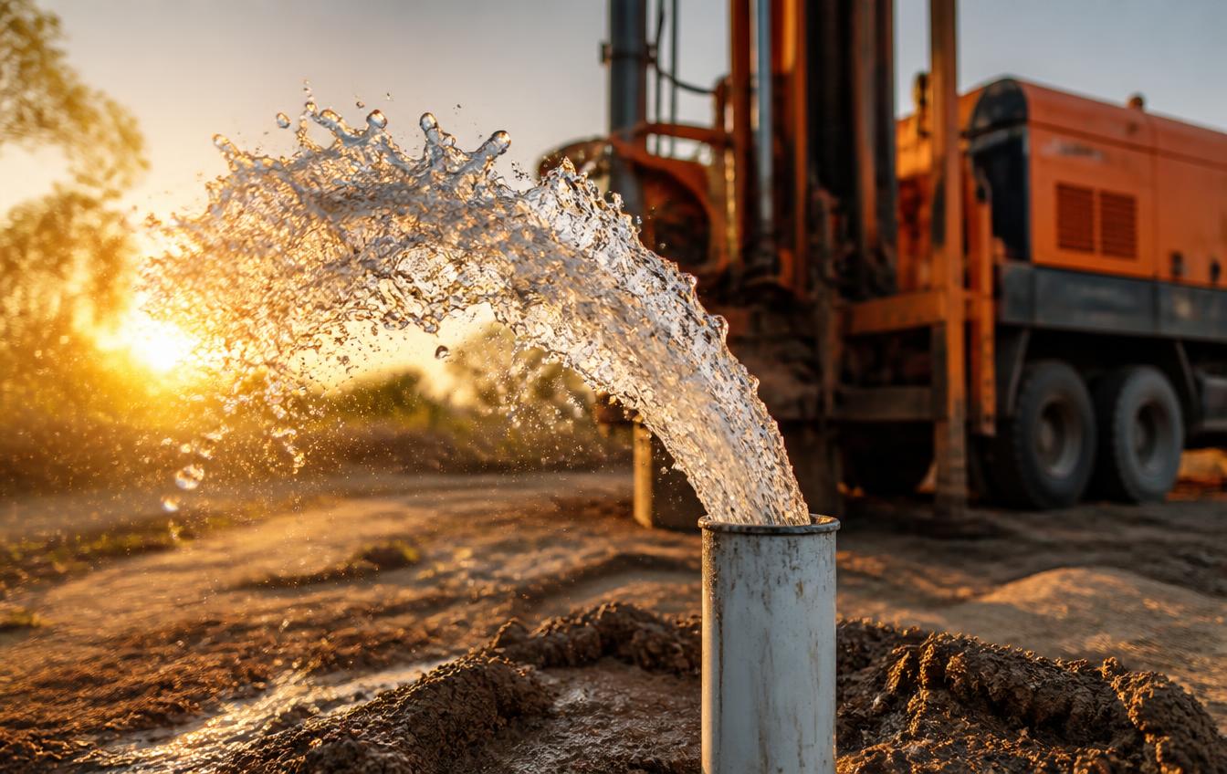 Clear water gushing from a successfully drilled borewell pipe at sunset