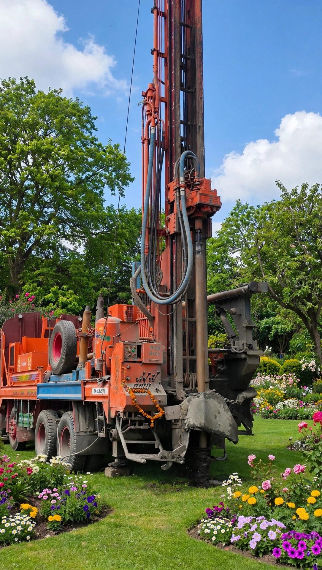 Shiv Shakti borewell rig drilling beside a garden lawn